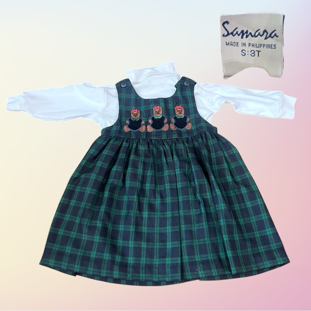 Mid 2000's SAMARA 2 Piece Turtleneck w/ Green & Blue Plaid Dress w/ 3 Bears 3T